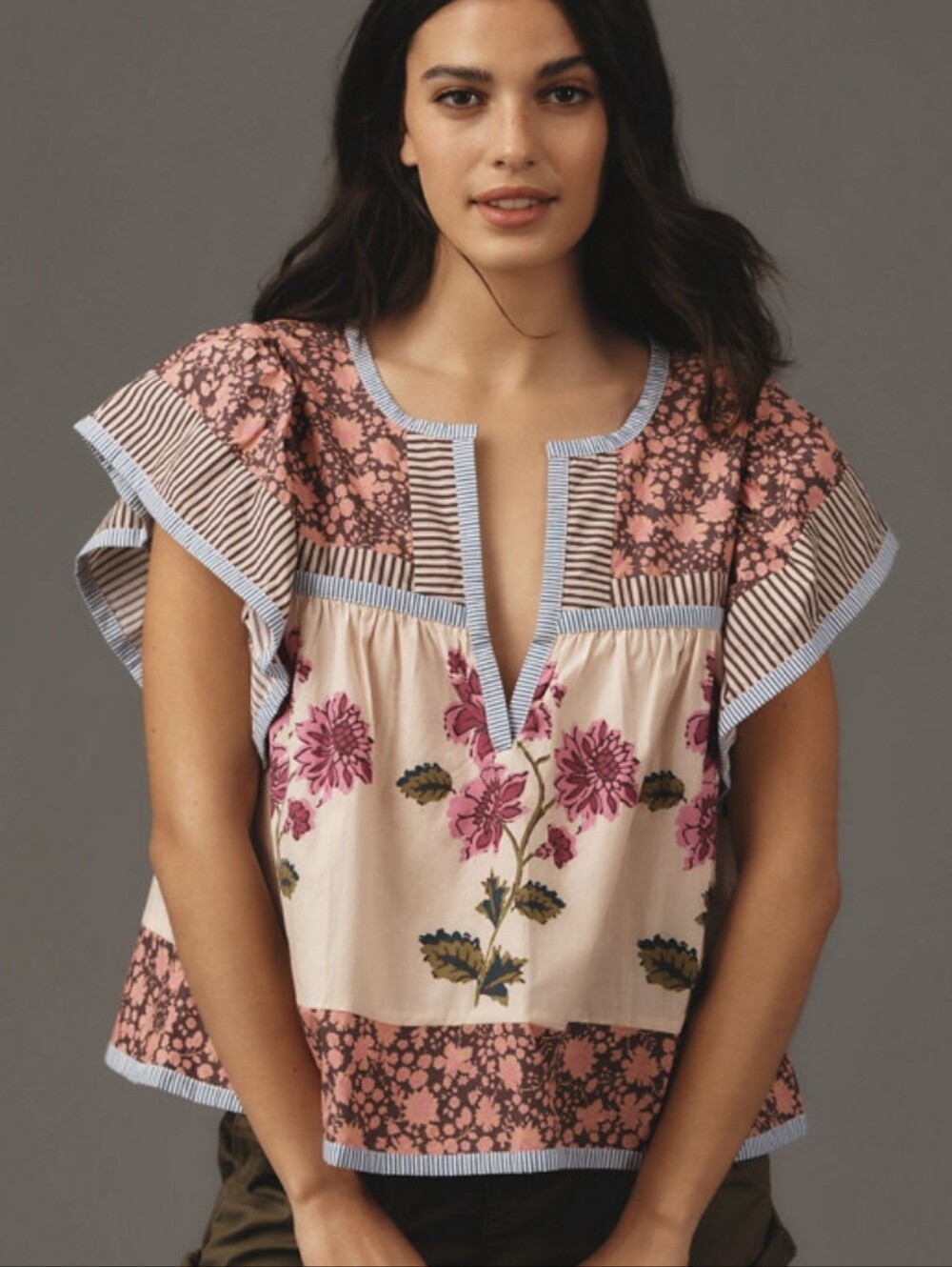 Maeve Pink Floral Patchwork Peasant Blouse